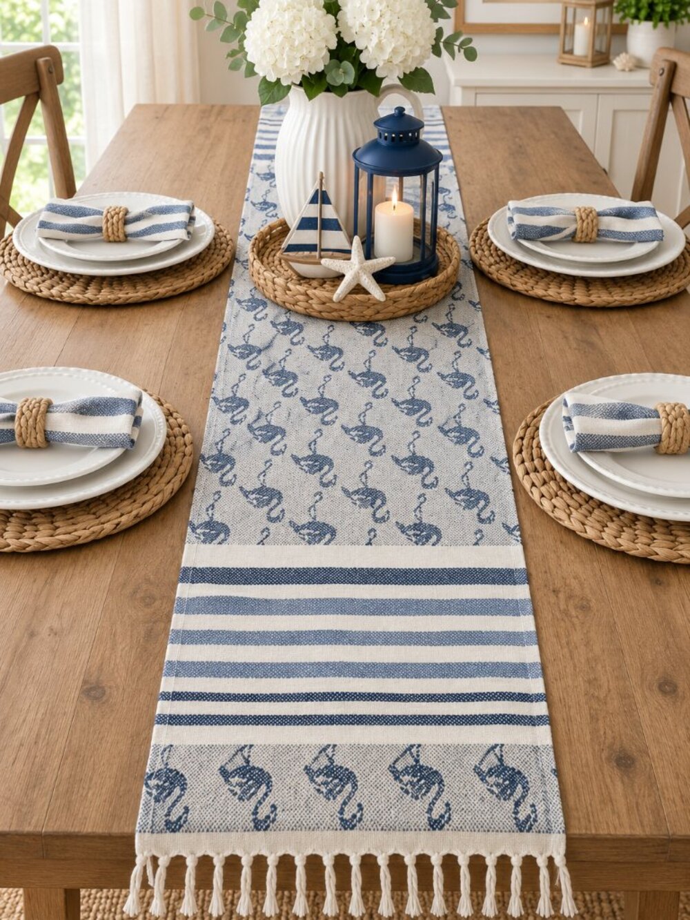 THD Textiles Blue Cream Nautical Cotton Table Runner Coastal Decor NWOT
